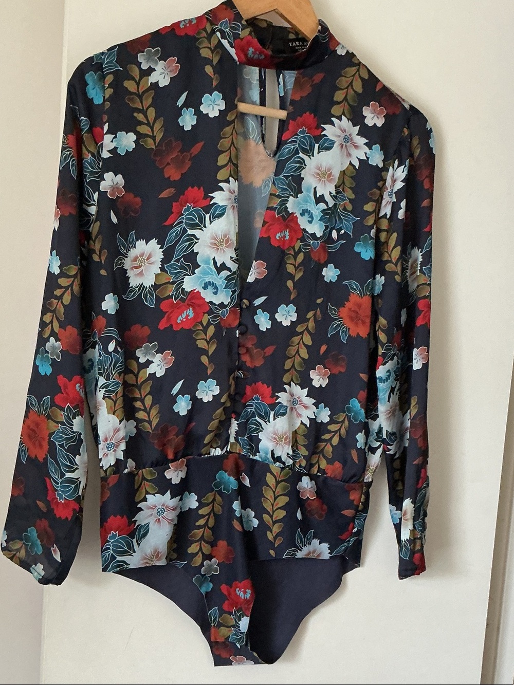 Zara Floral Long-Sleeve V-Neck Bodysuit - Black Multicolor